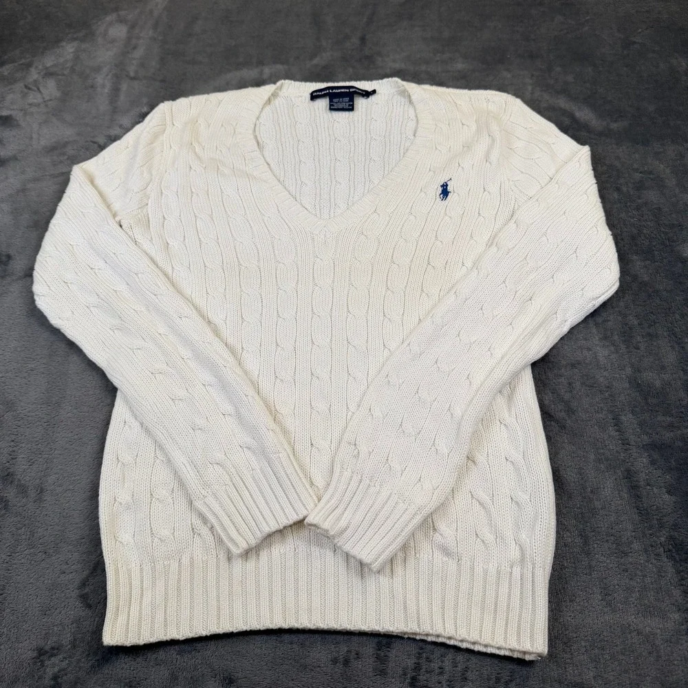 Ralph Lauren Sport Cable Knit Sweater Womens Large White V Neck Cotton - Picture 3 of 9
